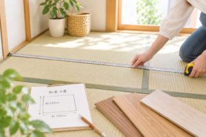 ウッドカーペット購入前に部屋を採寸するイメージ