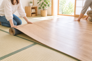畳の上にウッドカーペットを敷く作業のイメージ